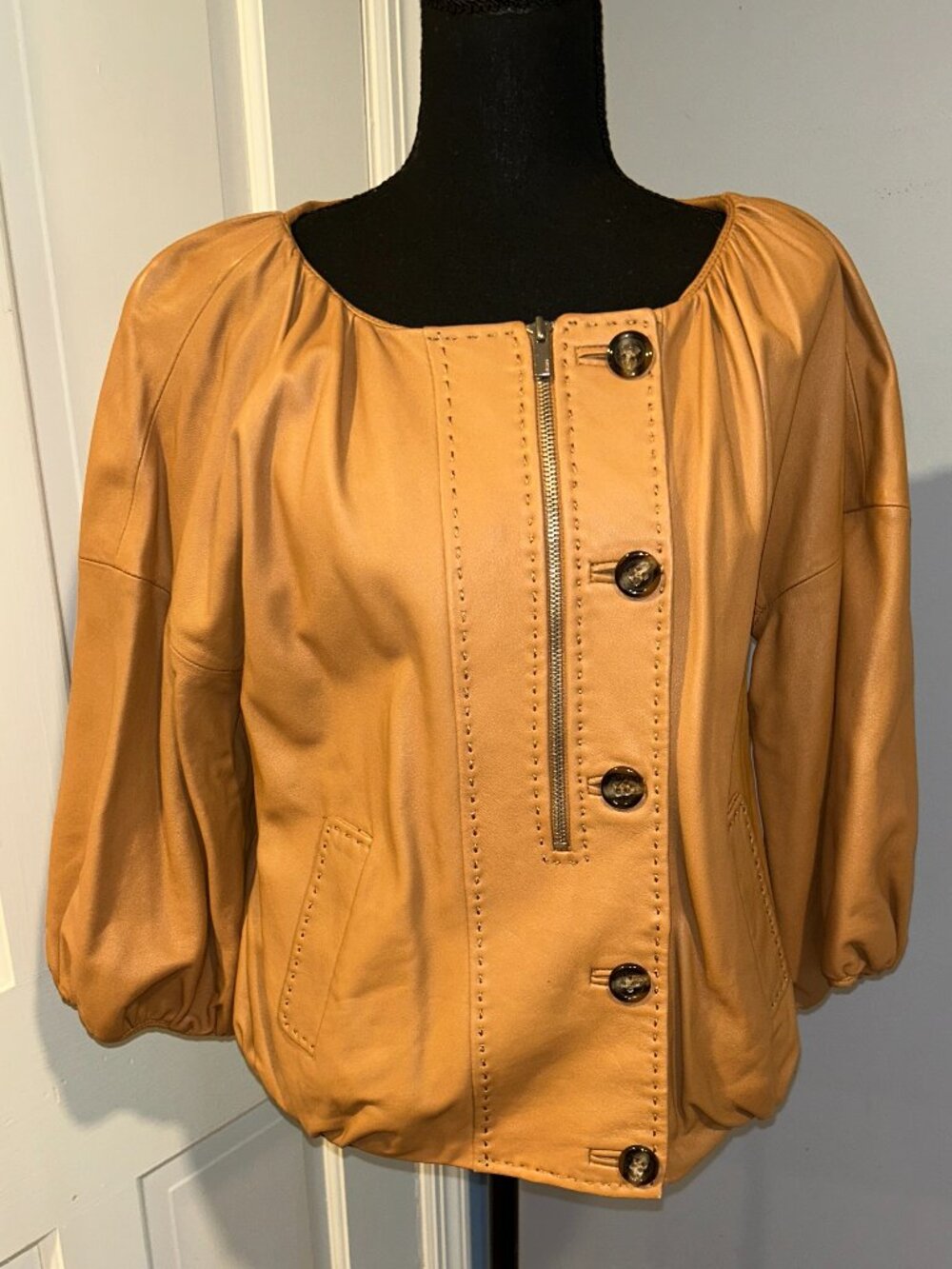 BCBG Max Azria Tan Leather jacket, Women's Medium buttons, zip, stitching